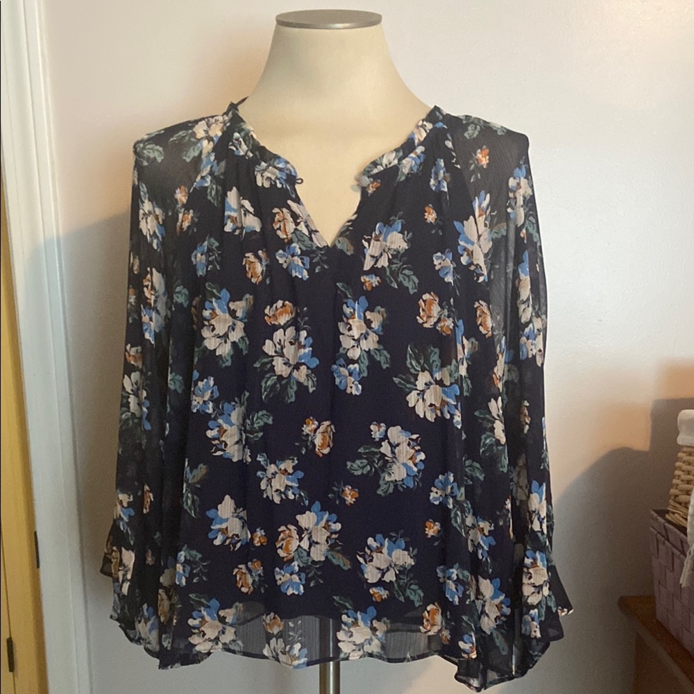LC Lauren Conrad Blue Ruffled Blouse with Mandarin Collar